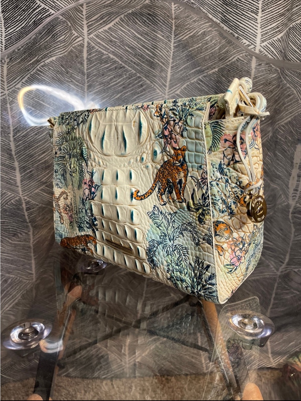 Brahmin Cream Tropical Croc-Embossed Crossbody with Teal & Orange Accents - Picture 2 of 11